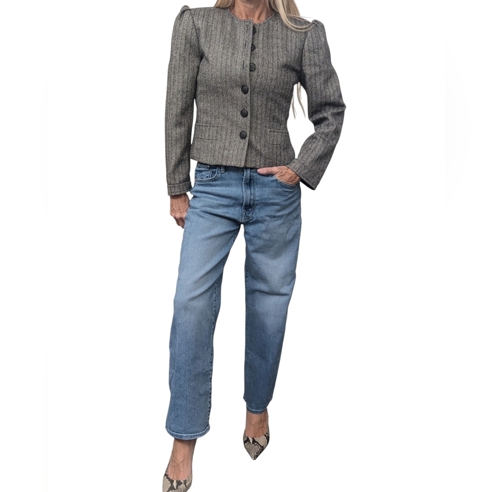 Vintage 80s Cashmere Wool Herringbone Puff Shoulder Cropped Jacket Sz 4 - Picture 4 of 15